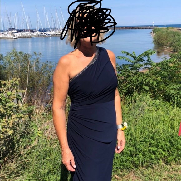 Navy blue MOB dress trimmed with sparkly stones. - Picture 2 of 8